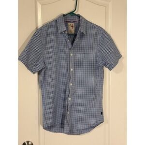 Relwen Seersucker Cotton Button Up Shirt Mens Medium Blue Slcheck Short Sleeve